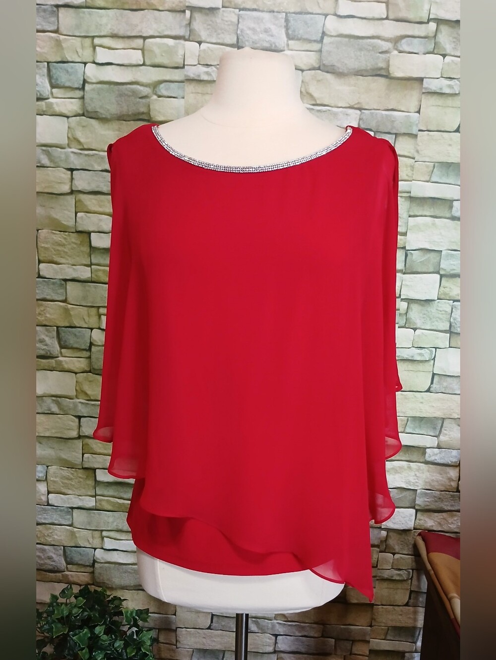 MSK Red Chiffon Overlay Blouse with Embellished Neck & Back